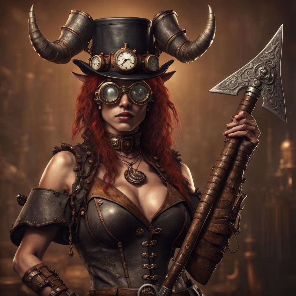 A female tiefling barbarian with horns with a great axe in steampunk outfit and a top hat with googles resting on the to...