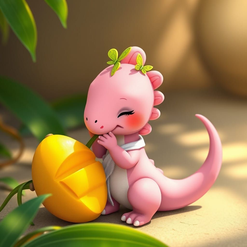 Whimsical Dino Girl Biting into a Juicy Mango