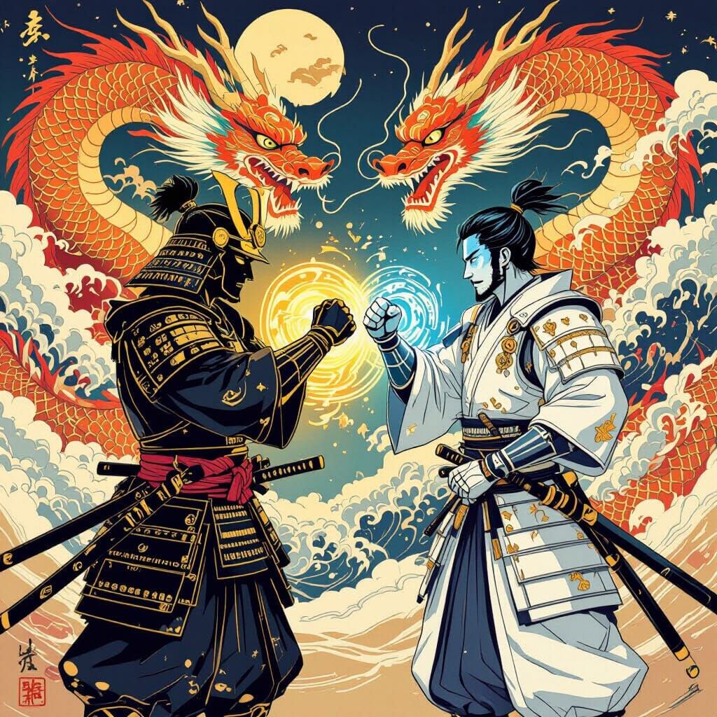Samurai Fist Bump with Dragons in Ukiyo-e Style
