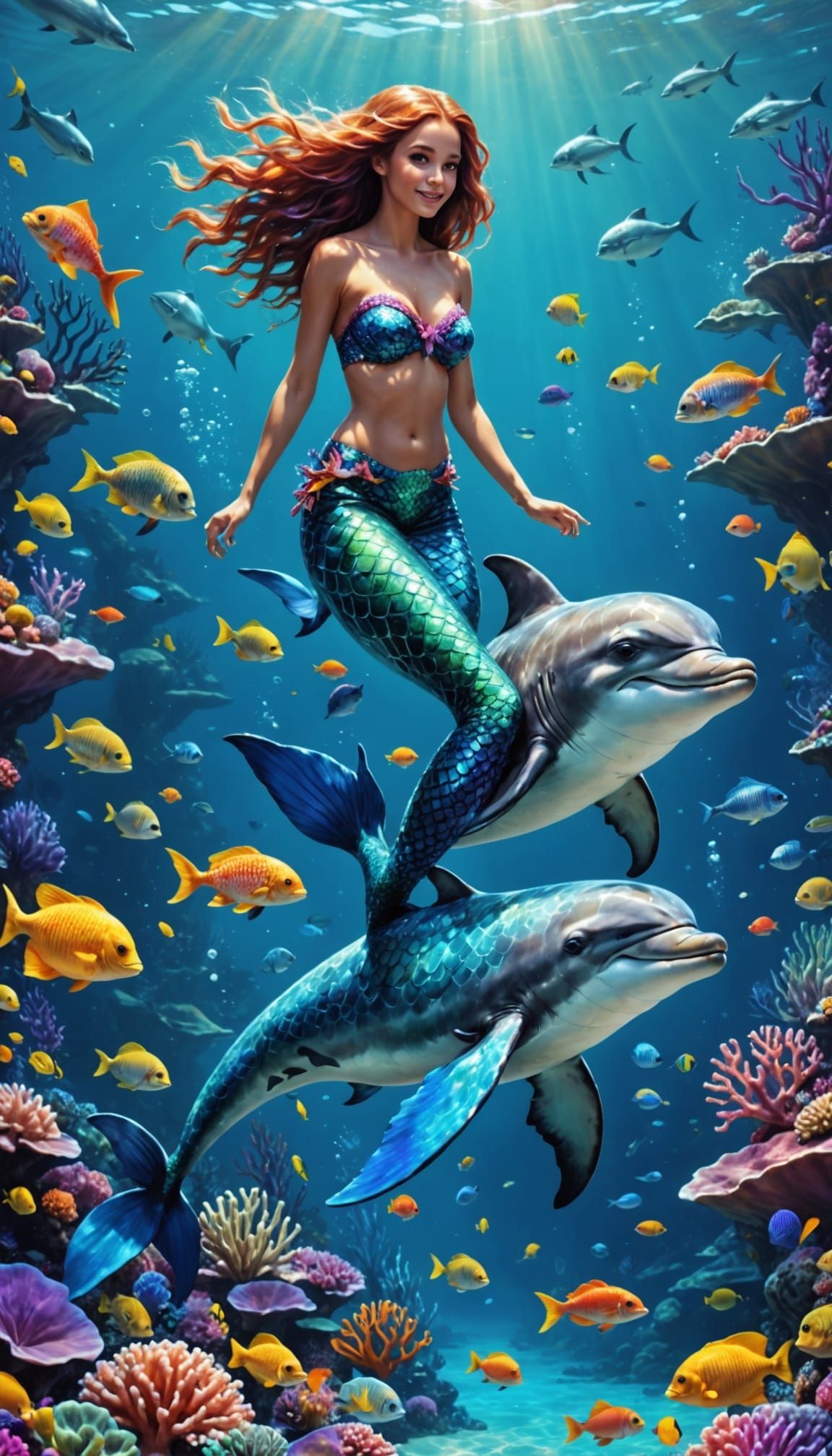 Hyperrealistic Mermaid and Dolphin in Coral Reef