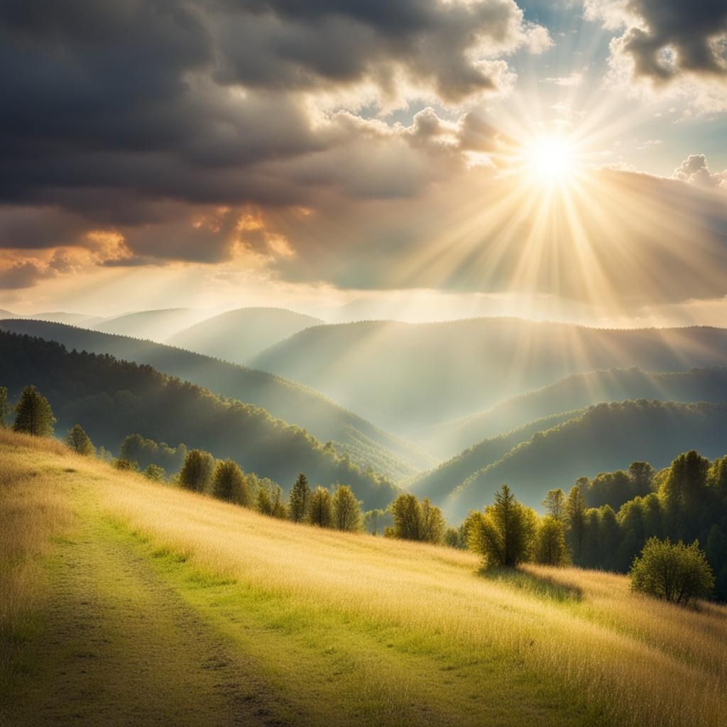 peaceful mountain valley with gentle hills, trees, sun shining through clouds