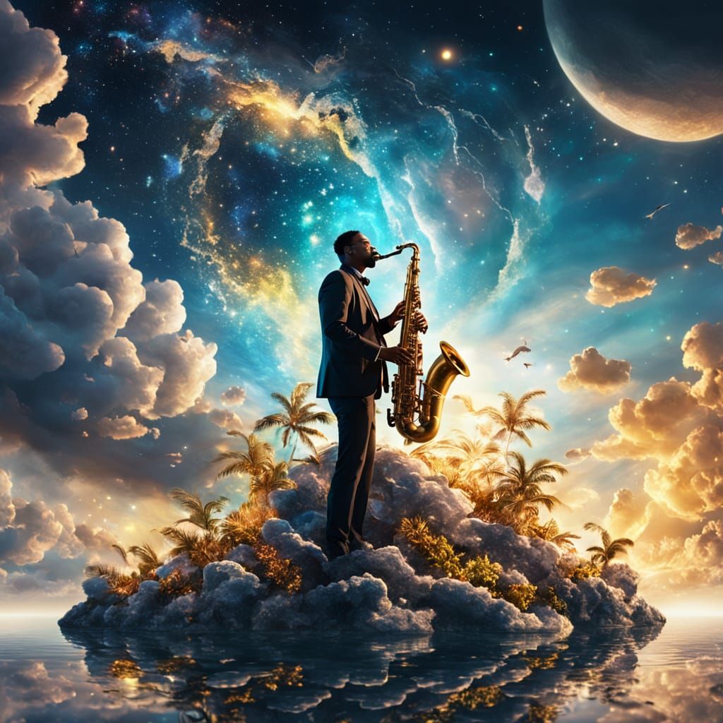 Jazz Musician on Floating Island in Splash Art