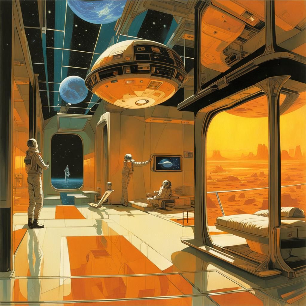 16k resolution, art by Syd Mead, Chris Foss. Zero-gravity living quarters, astronauts floating, compact and futuristic f...