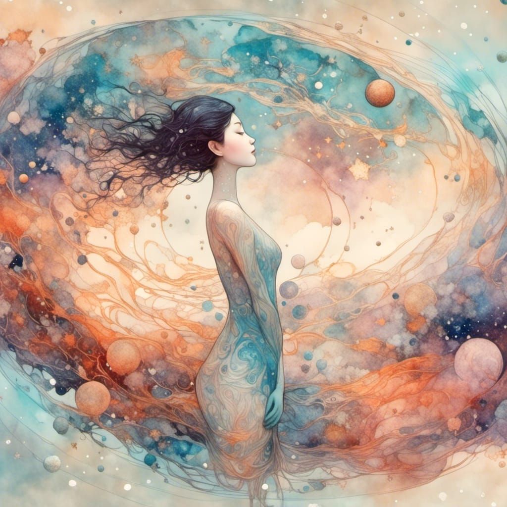 Girl Floating in Cosmos Amidst Twinkling Stars