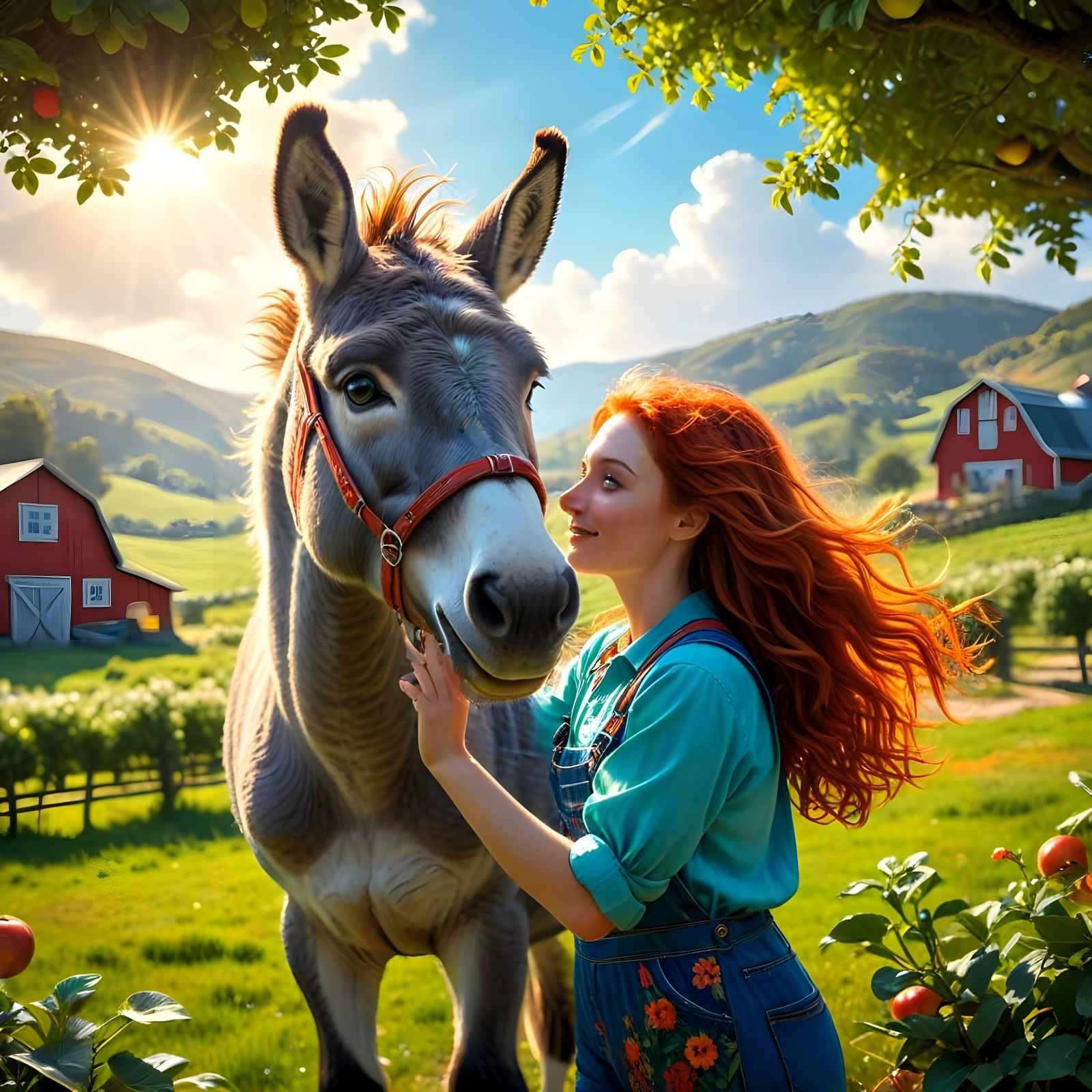 Friendly Donkey in a Vibrant American Barn Landscape