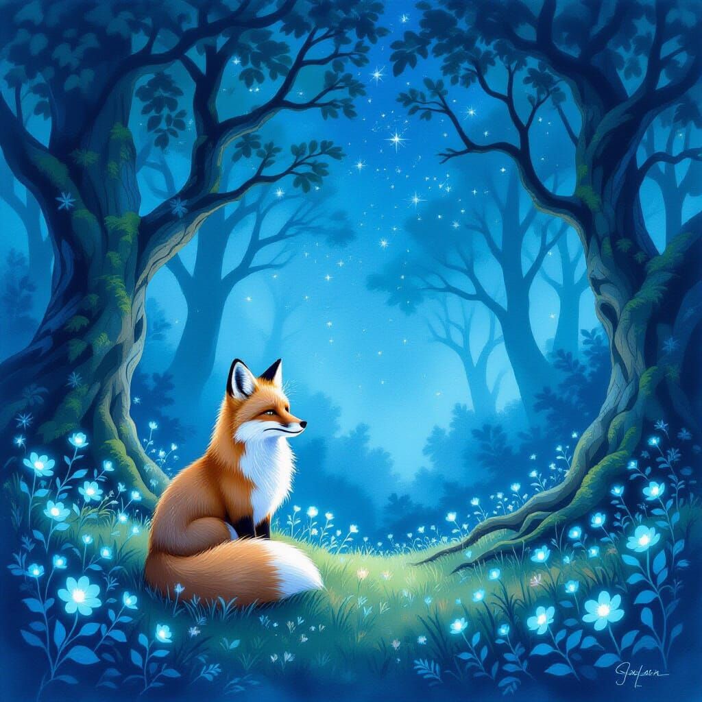 Ethereal Fox in Bioluminescent Forest