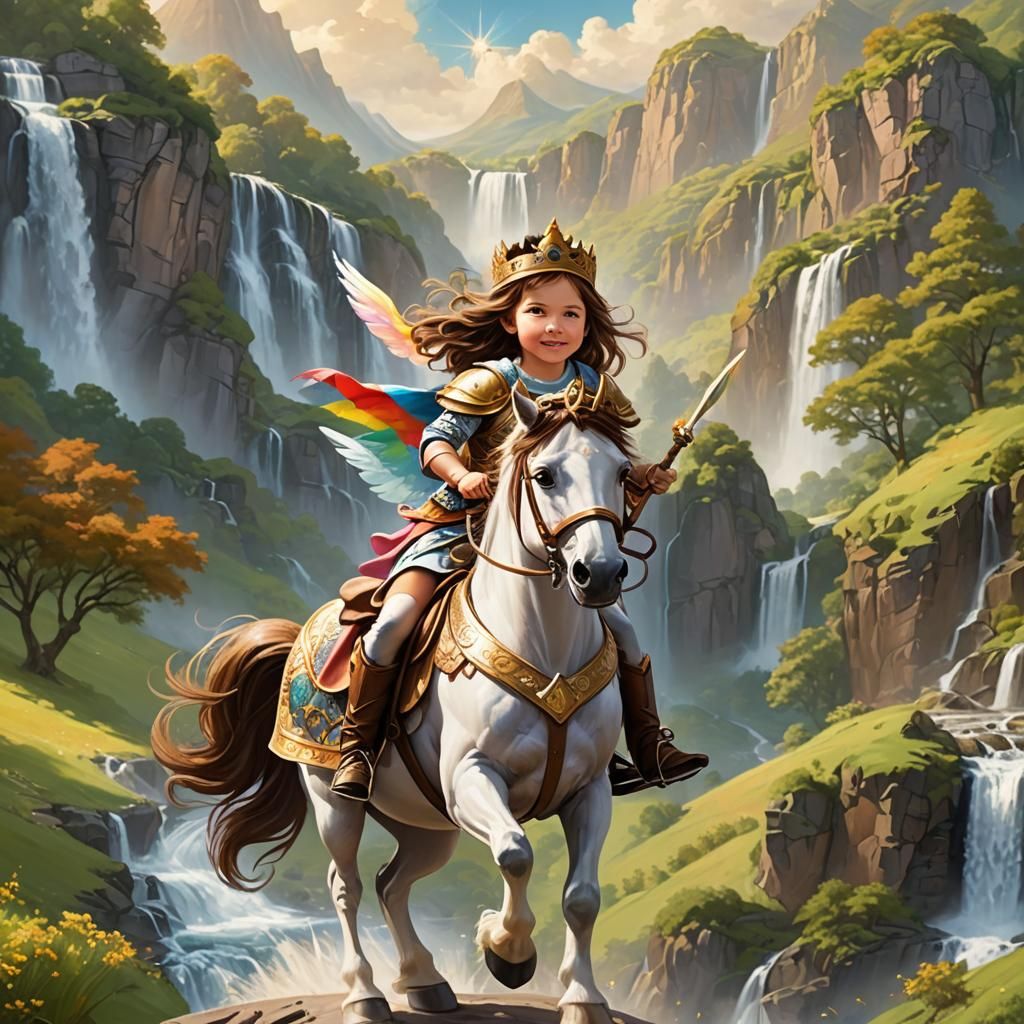 Warrior Princess on Pegasus in Sunny Landscape