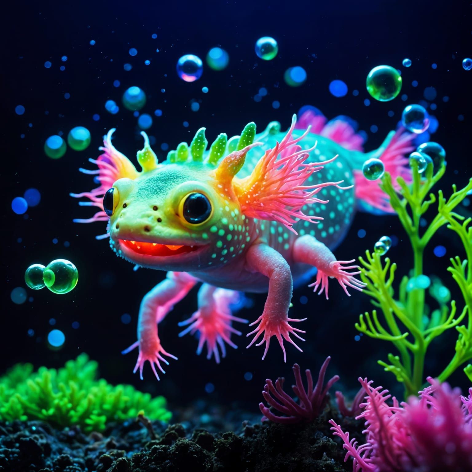 Florescent Baby Axolotl Salamander in Blacklight