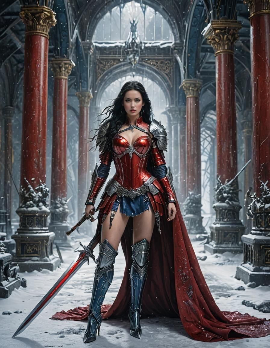 Woman in Red Armor with Sword, Digital Matte Painting