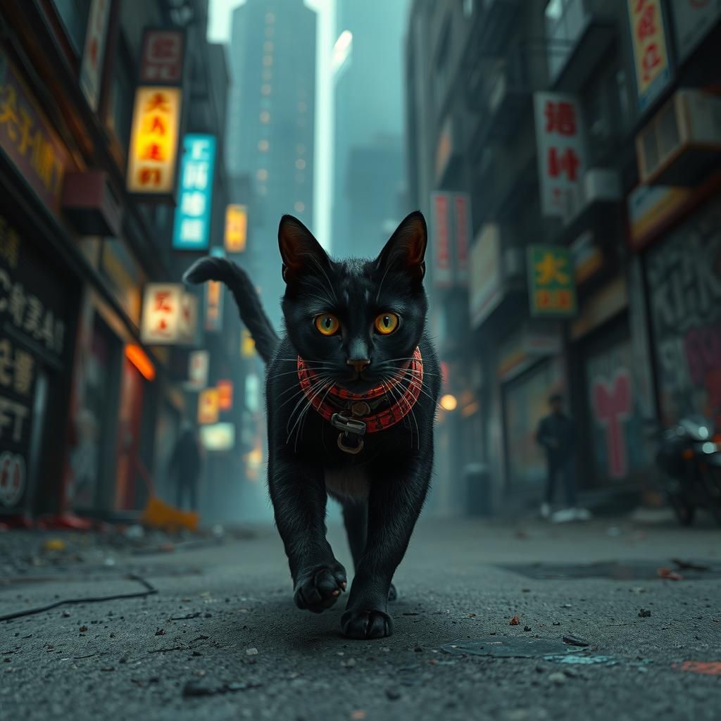 Black Cat's Cyberpunk Escape in Neon City