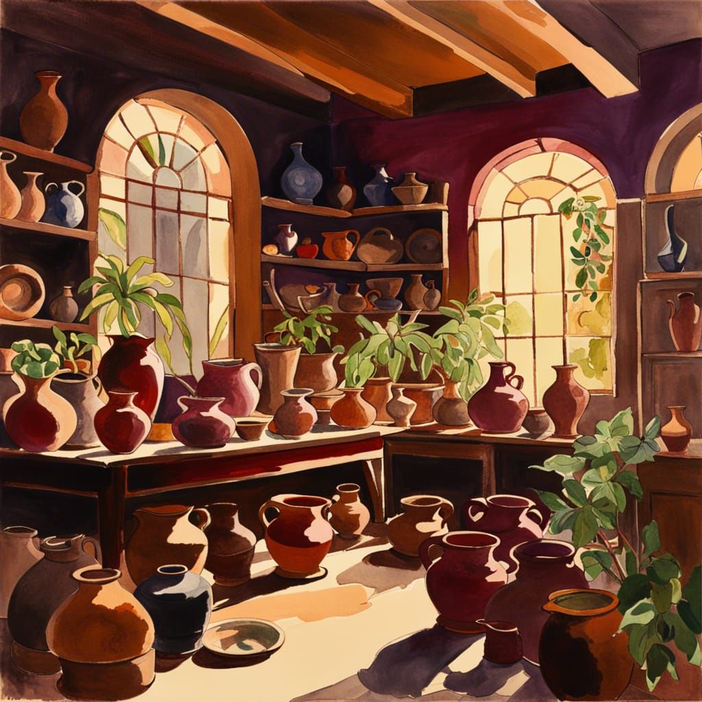 Pottery Workshop with Elegant Jugs, Gouache Watercolor