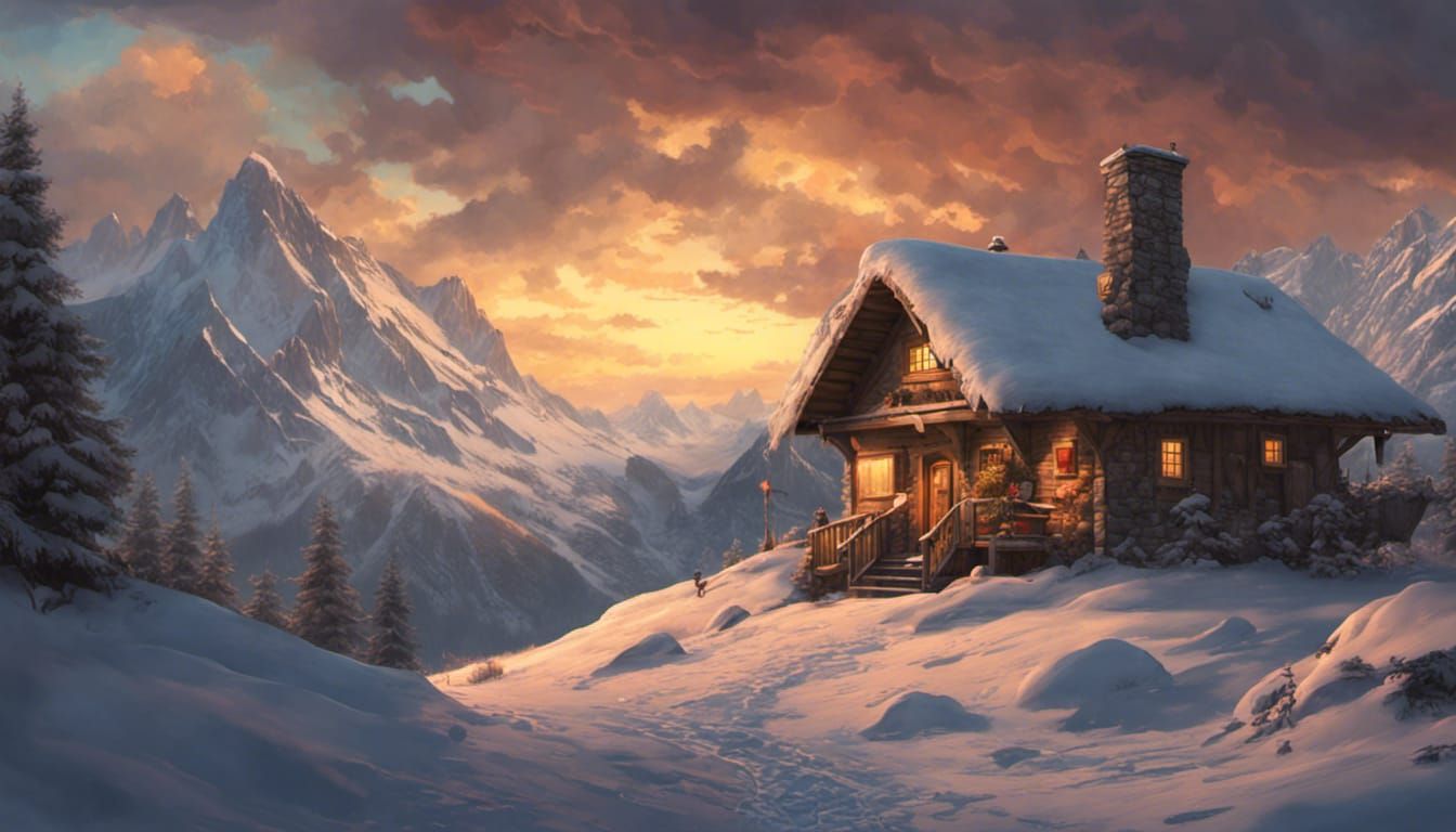 A Small Swiss cabin in the snowy Alps at sunset -1230