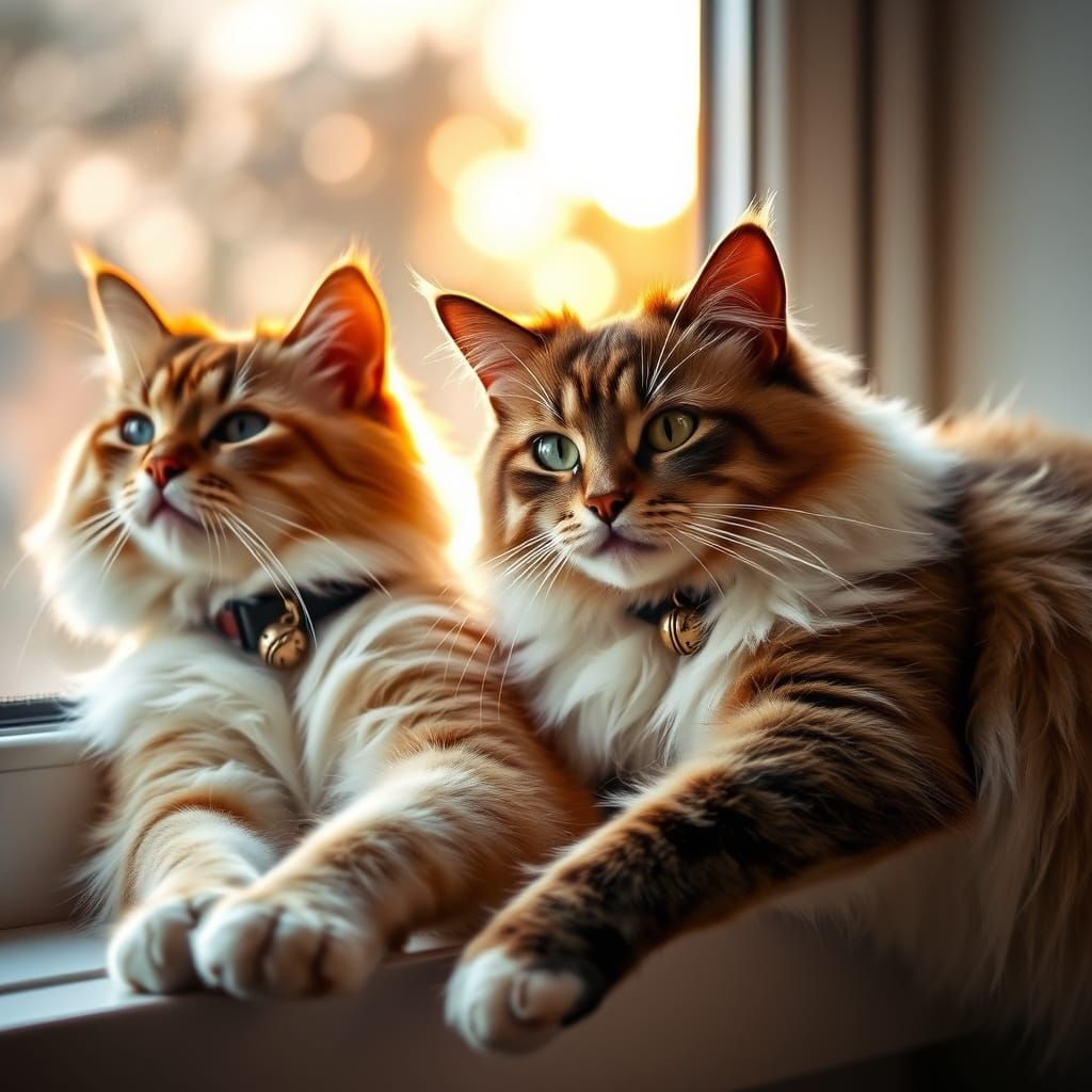Fluffy Cats Stretching in Dawn Light