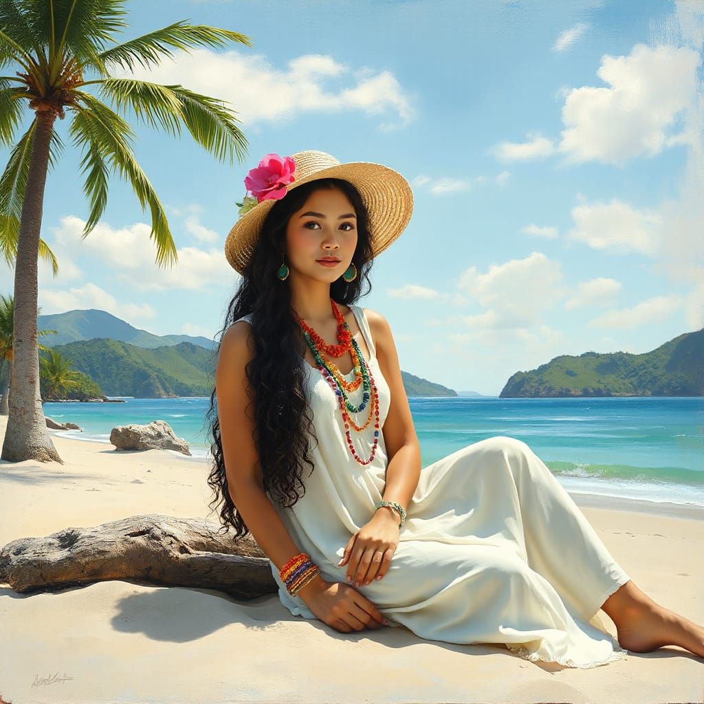 Woman on Tropical Beach in Post-Impressionist Style