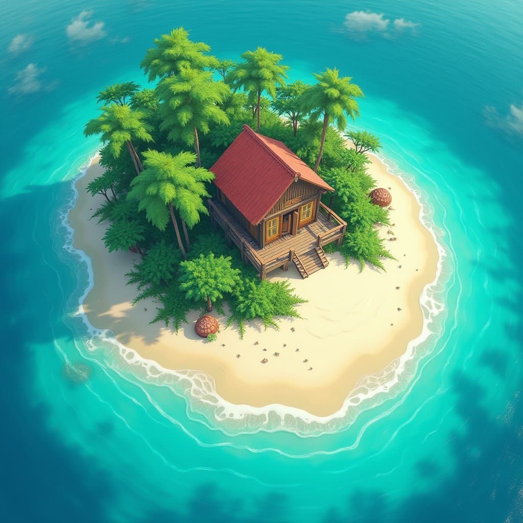 Island Beach House in Whimsical Animation Style