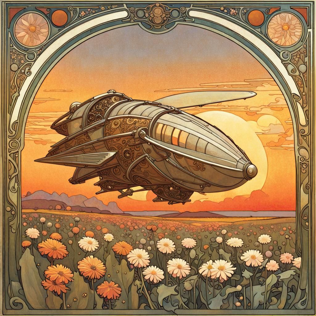 Spaceship Among Flowers at Sunset, Art Nouveau Style