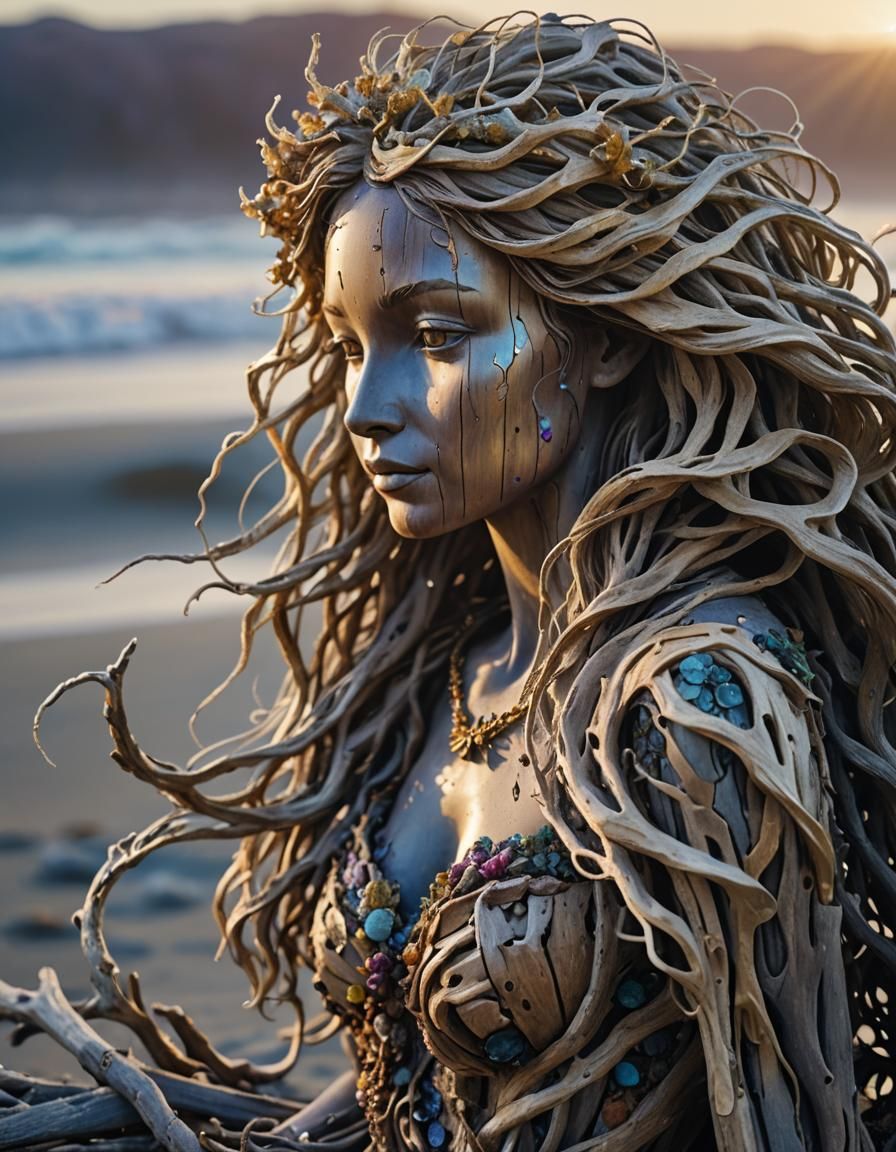 Driftwood Mermaid Sculpture on Misty Beach