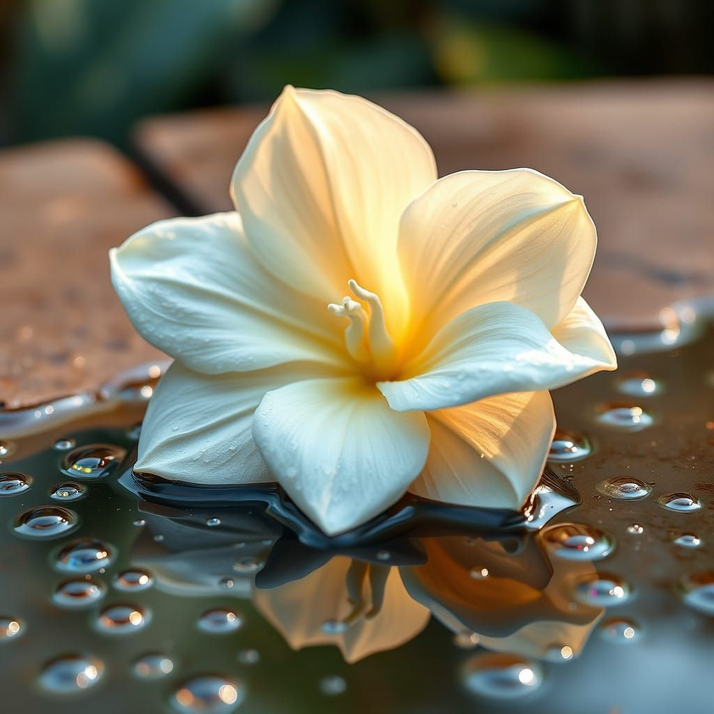 Velvety Gardenia Bloom in Dewy Puddle Reflection