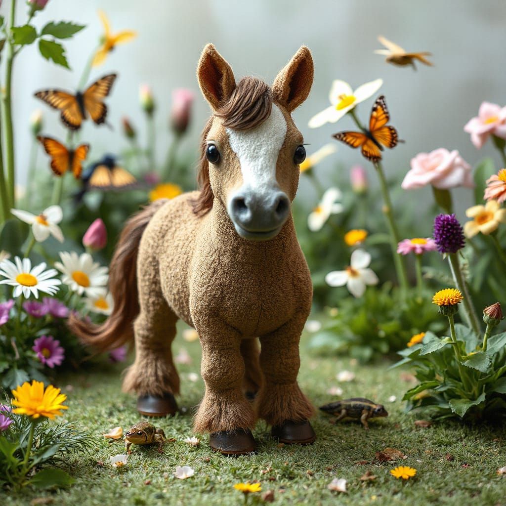 Whimsical Fantasy Art of a Plush Pony in a Vibrant Garden
