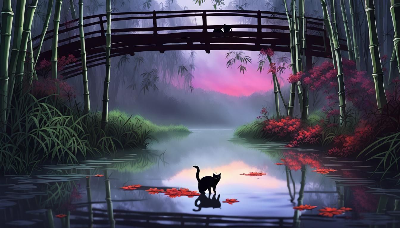 Striped Cat on Bamboo Bridge with Red Eyes