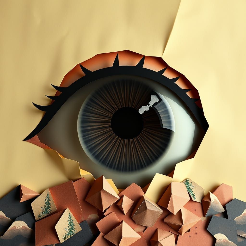 Giant Eye Emerges from Earth in Papercraft Style
