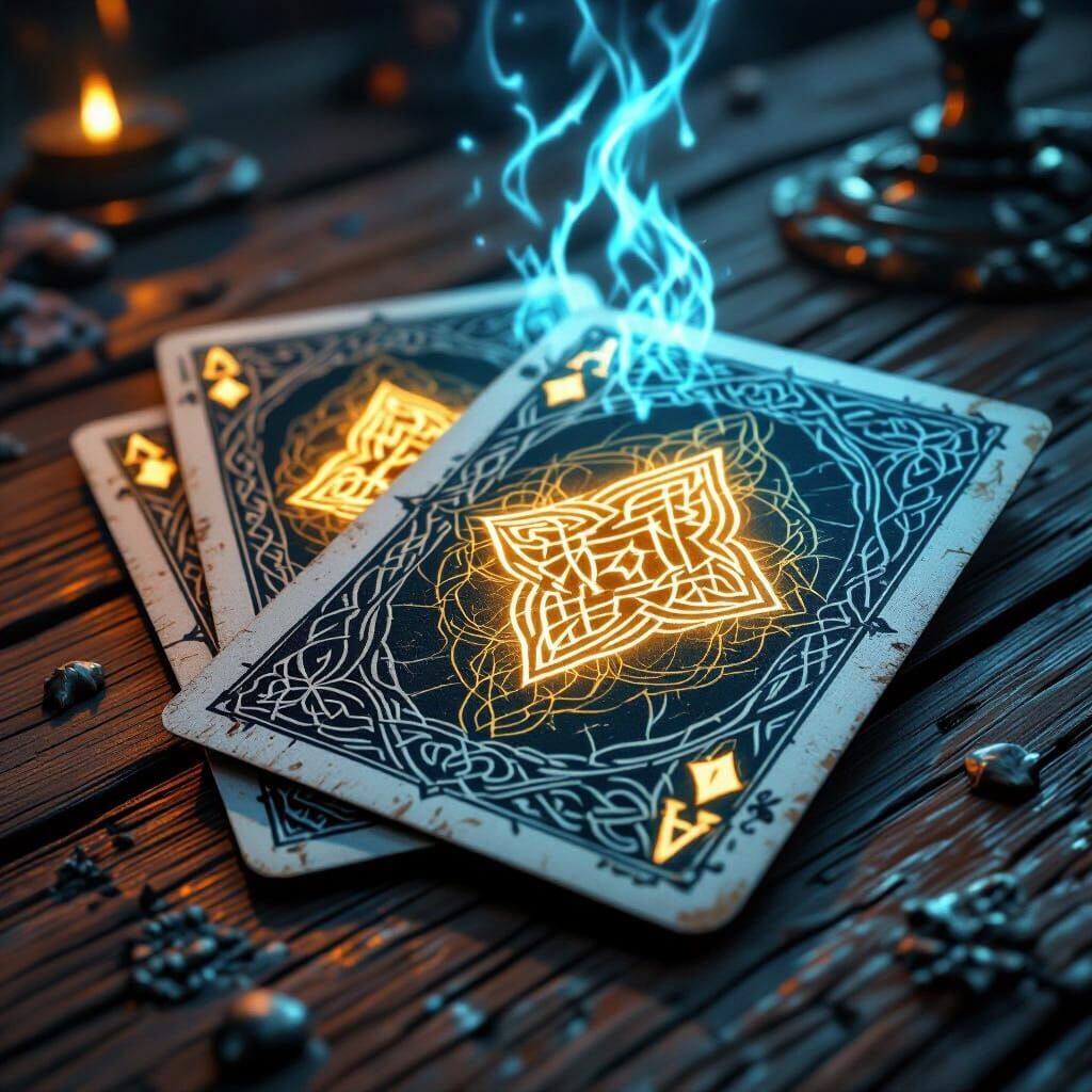 Norse Runes on Playing Cards on Oak Table