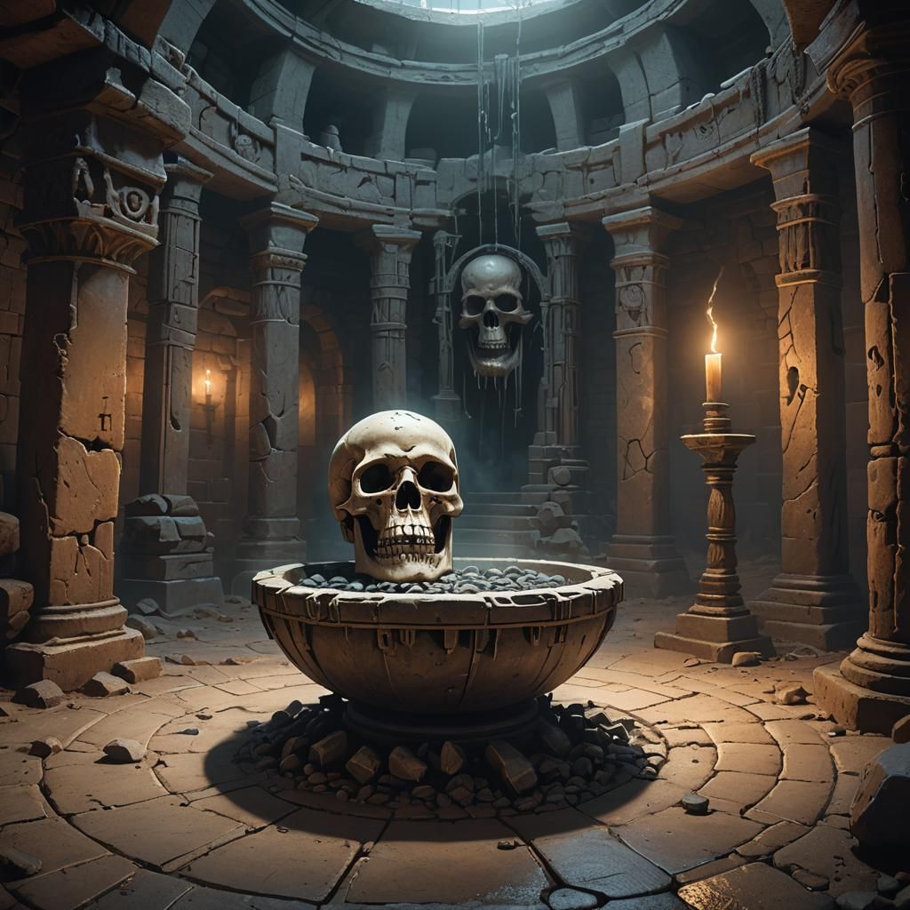 Skull Bowl in Roman Dungeon, Matte Painting