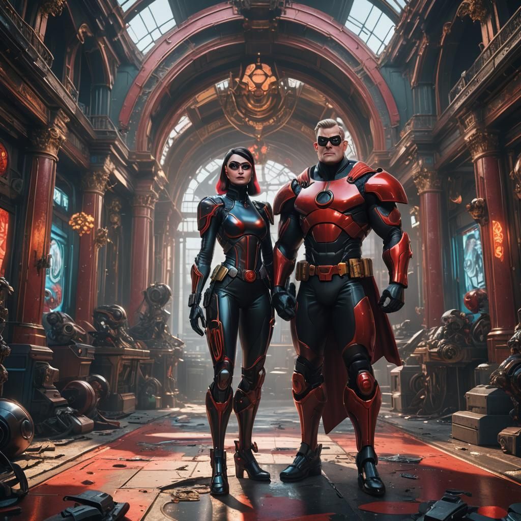 Cyberpunk Mr. Incredible and Elastigirl in Rococo Armor