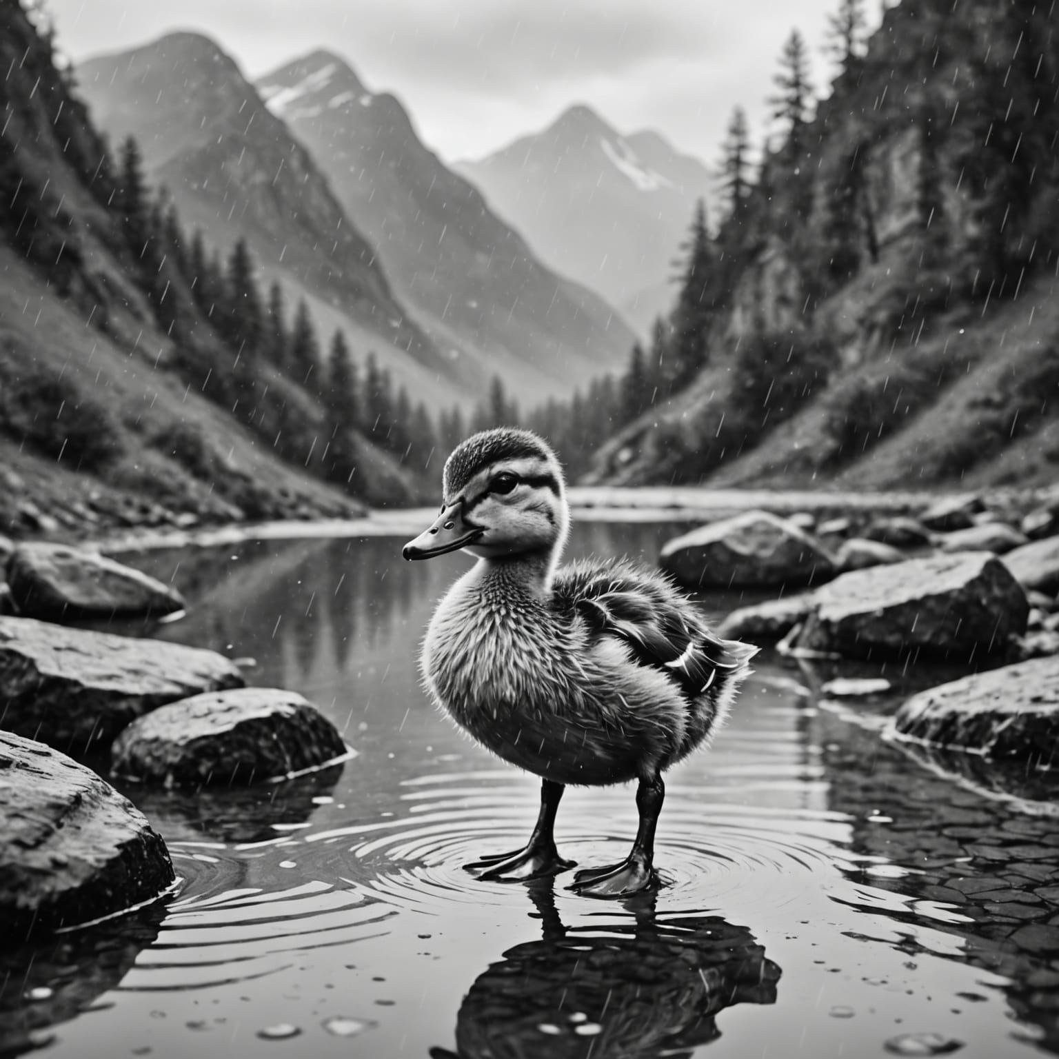 Duckling in Rainy Mountains: Black and White Photography