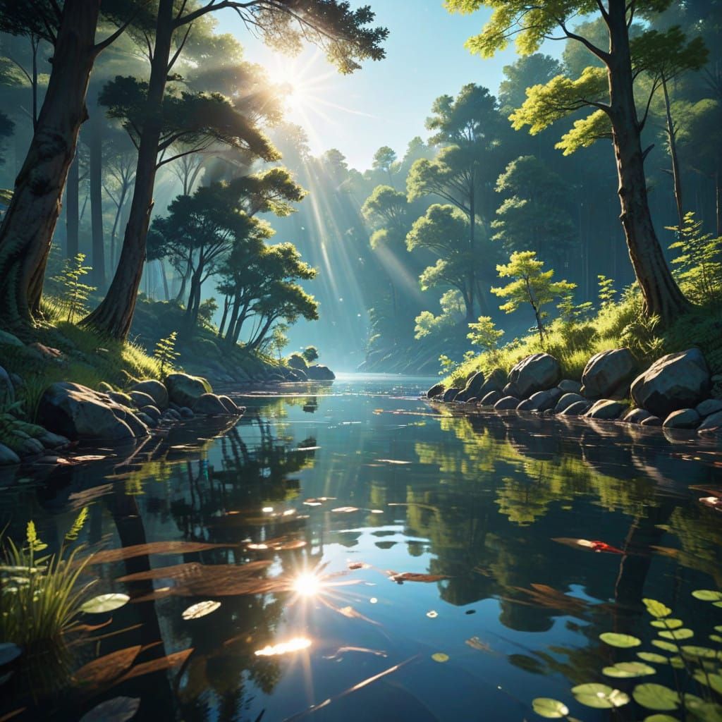 Surreal Lake Landscape Reflects Vibrant Sunlight