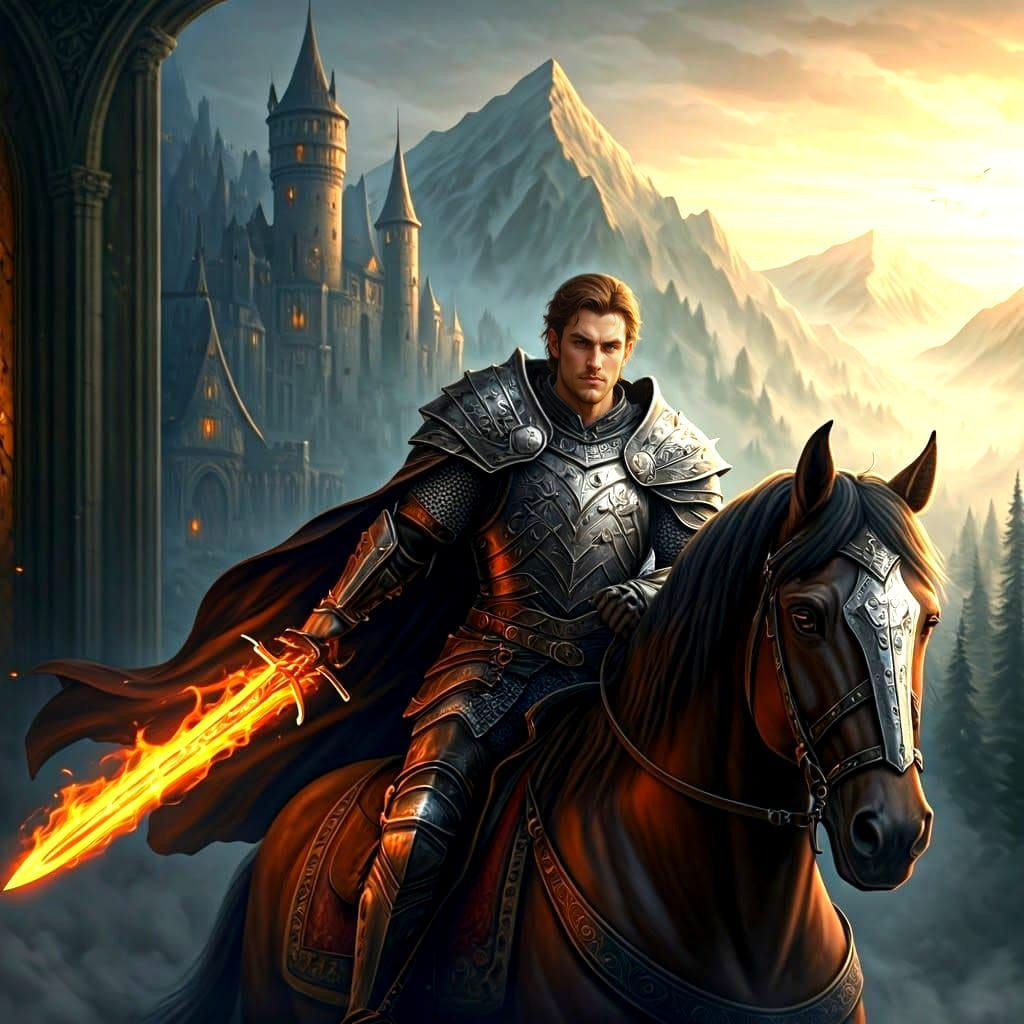 Ethereal Fantasy Warrior in Chain Mail and Flaming Sword