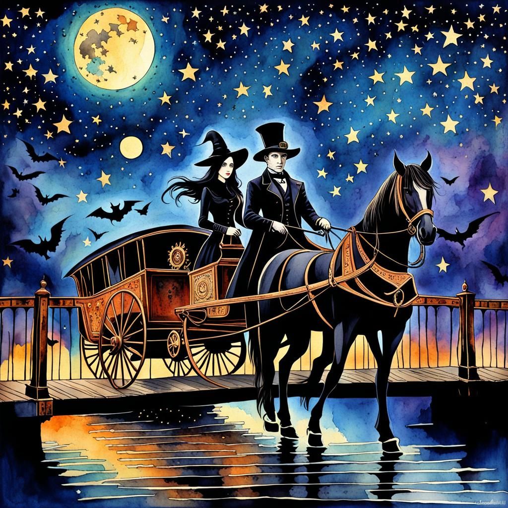 Victorian Steampunk Carriage Under Starry Night