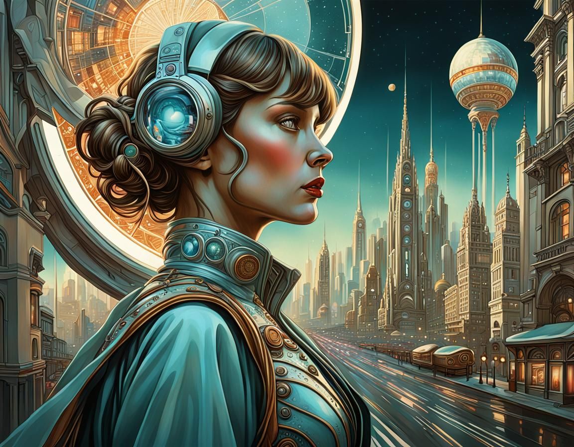 Retrofuturistic City in Distorted Reality, Mucha Style