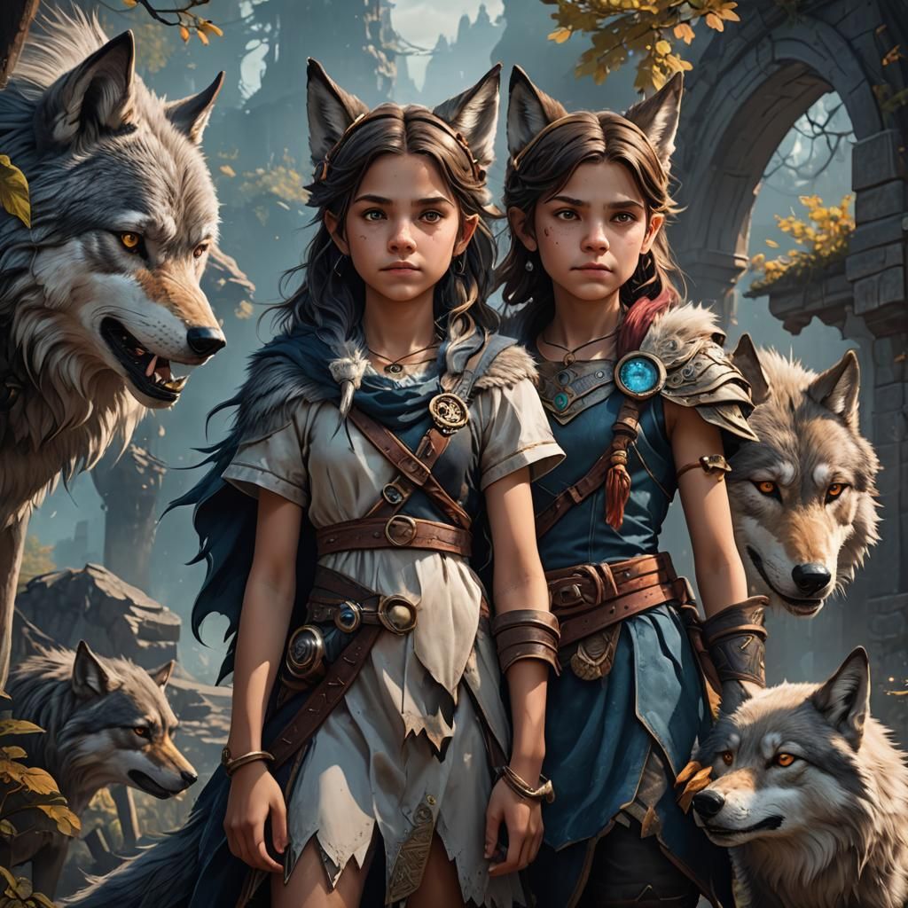Brother and Sister with Wolf Features: Fantasy Art