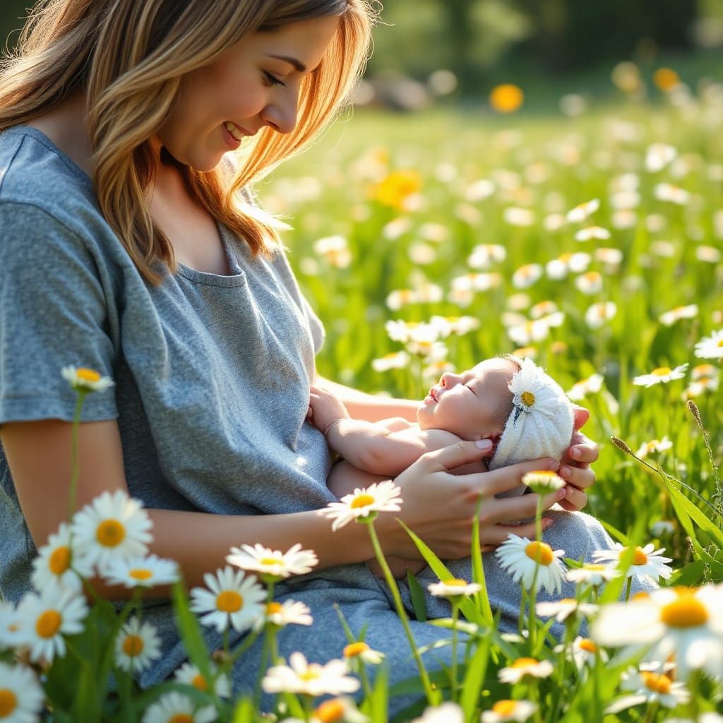 Mother and Daughter Share a Tender Moment in a Vibrant Daisy...
