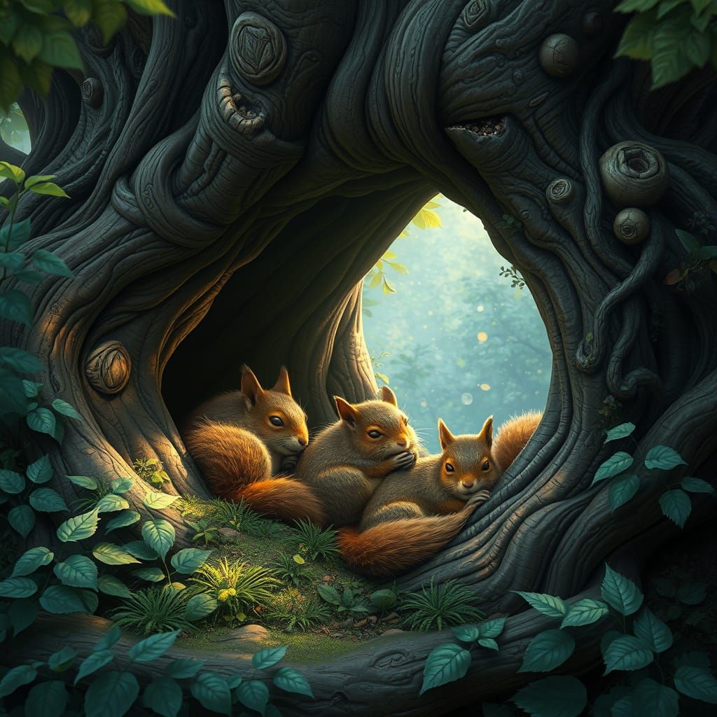 Squirrels Slumber in Ancient Tree Hollow