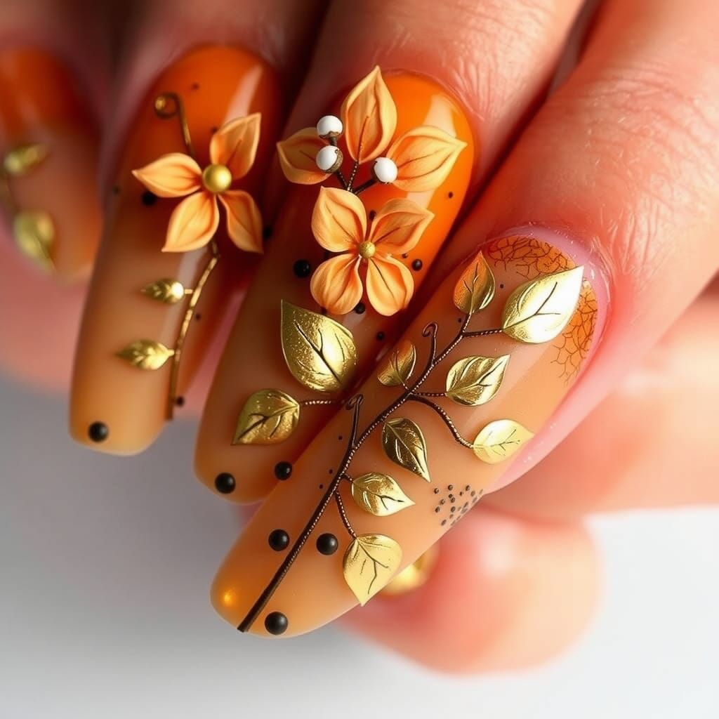 Warm Pumpkin Gradient Nail Art with 3D Flowers