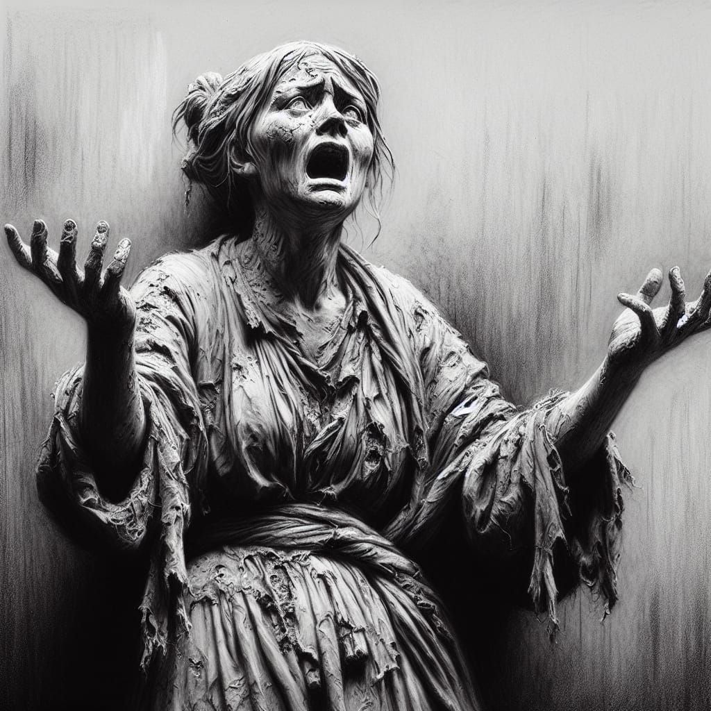 Charcoal Drawing of Terrified Woman Statue