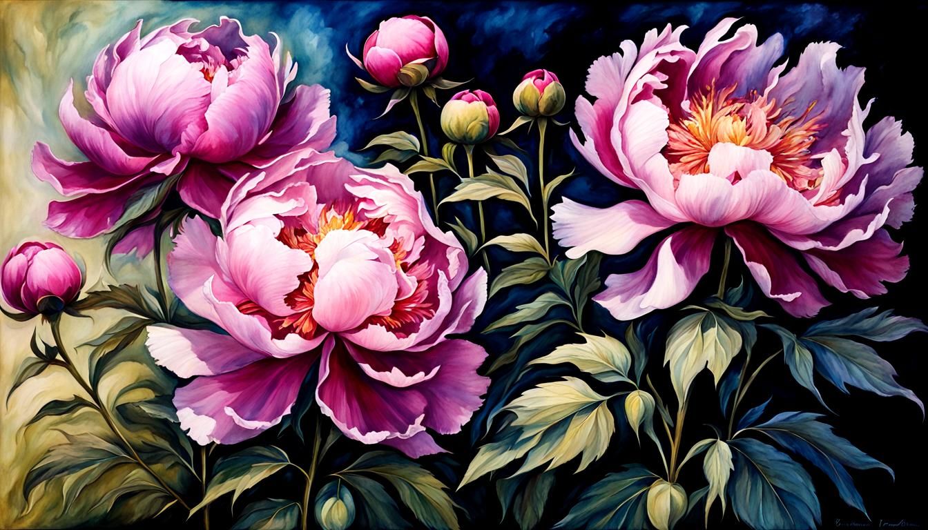 Anthropomorphic Peonies Singing in Sunlight: Whimsical Chalk...