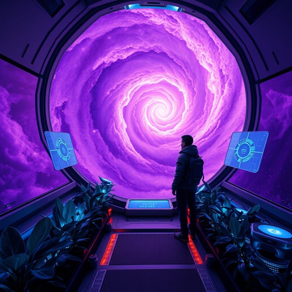 Cosmic Voyager in a Purple Nebula with Advanced Spacecraft