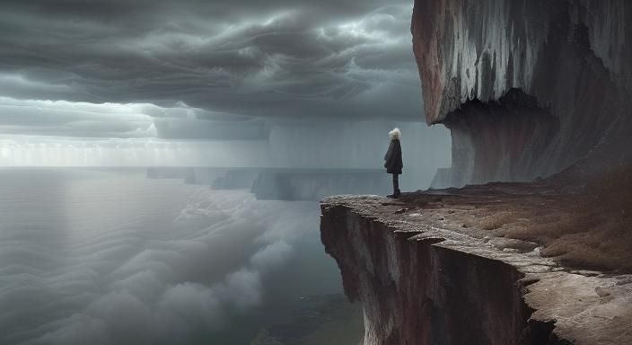 Old Man Stands on Cliff Edge in Cinematic Style
