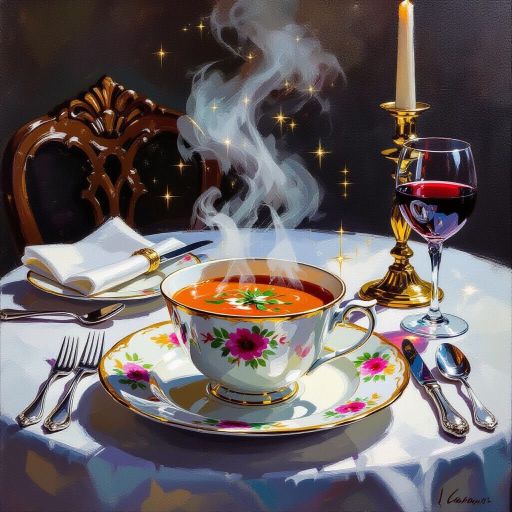 Impressionist Painting of Steaming Soup with Golden Accents