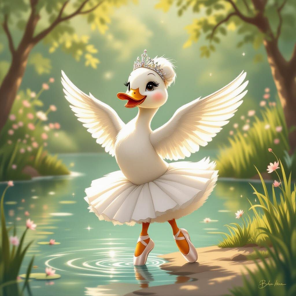 Duck Ballerina En Pointe by Pond in Storybook Style