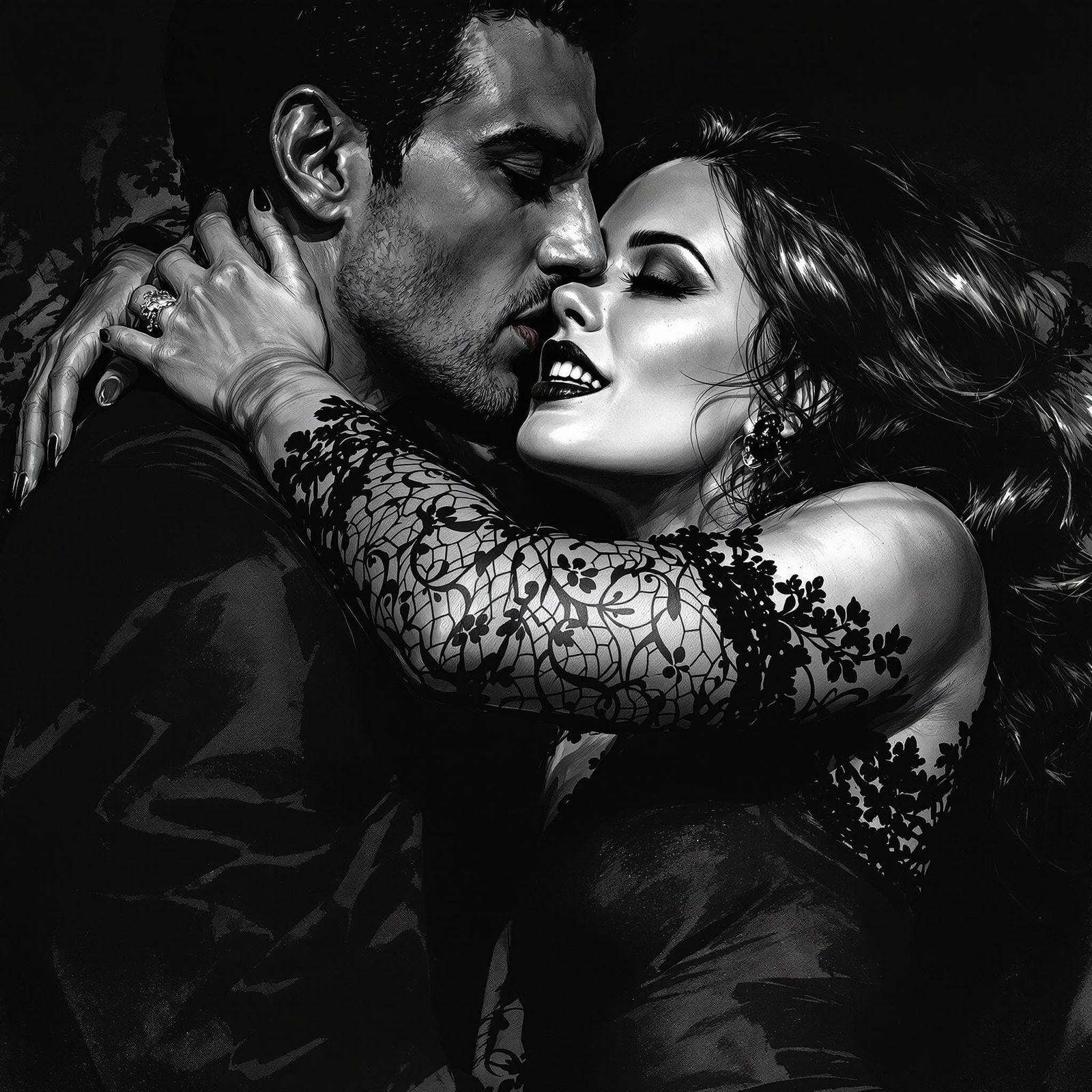 Sultry Victorian Romance in Dark, High-Contrast Noir Style