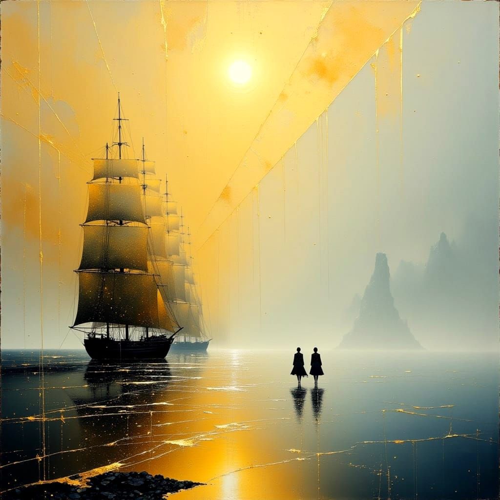 Surreal Sailing Ships in Golden Light Oil Painting