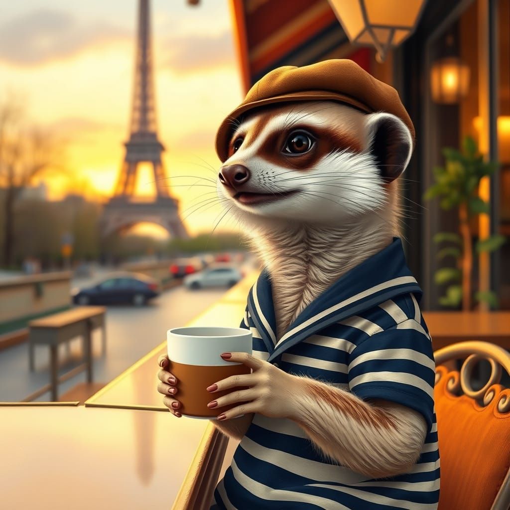 Meerkat Sipping Espresso in Paris, Impressionistic Style