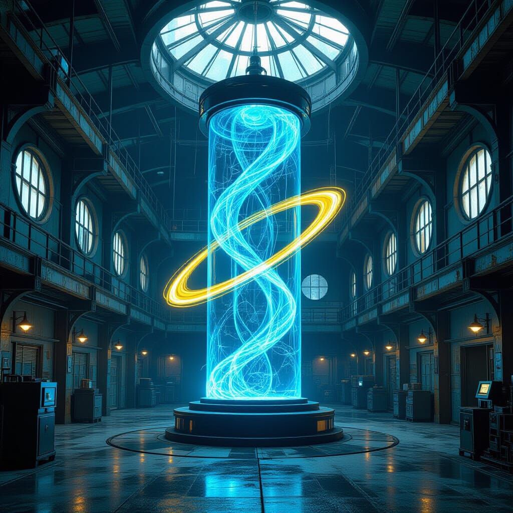 Electric Nexus in Bleak Sci-Fi Factory Interior