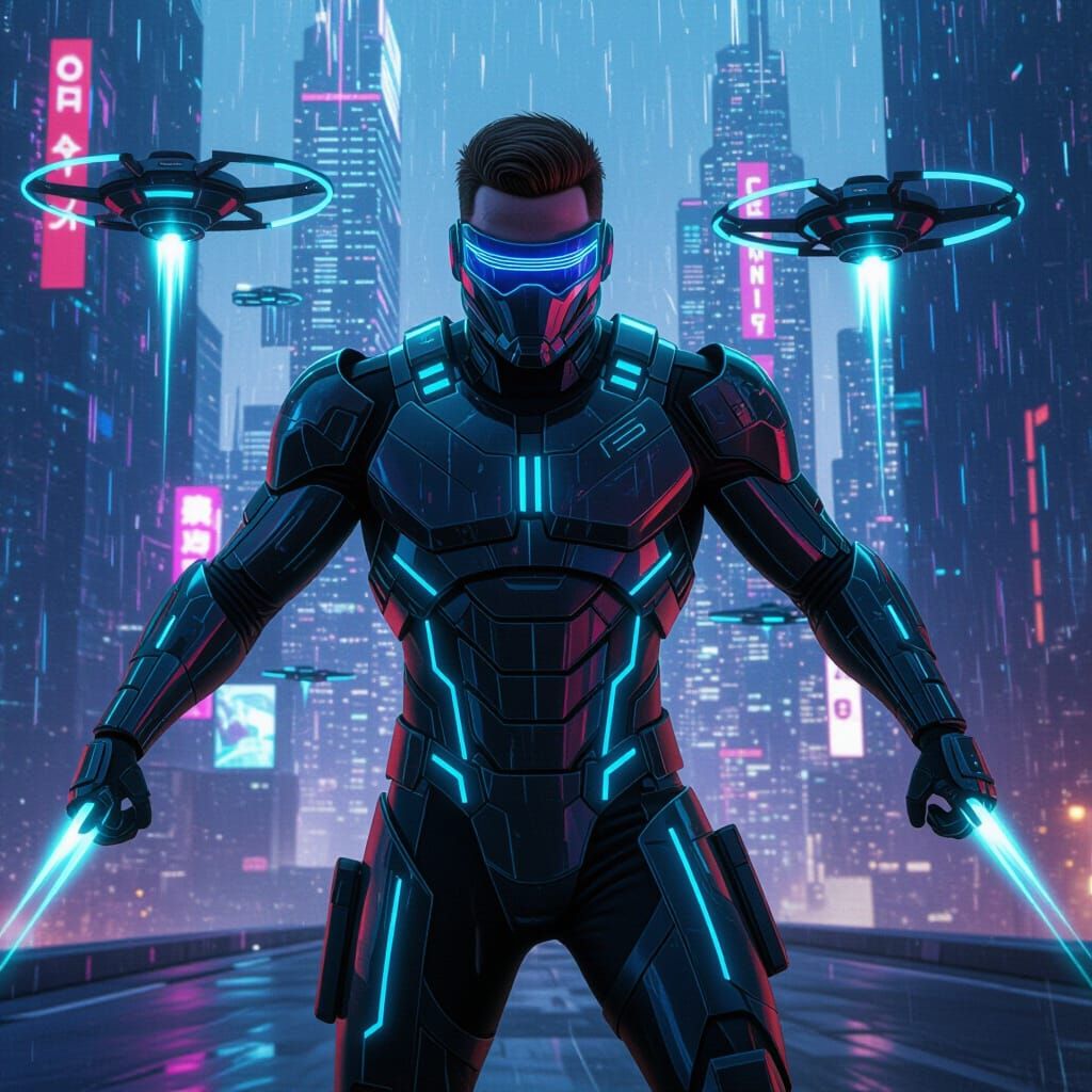 Cyberpunk Hero in Neon Armor with Drones