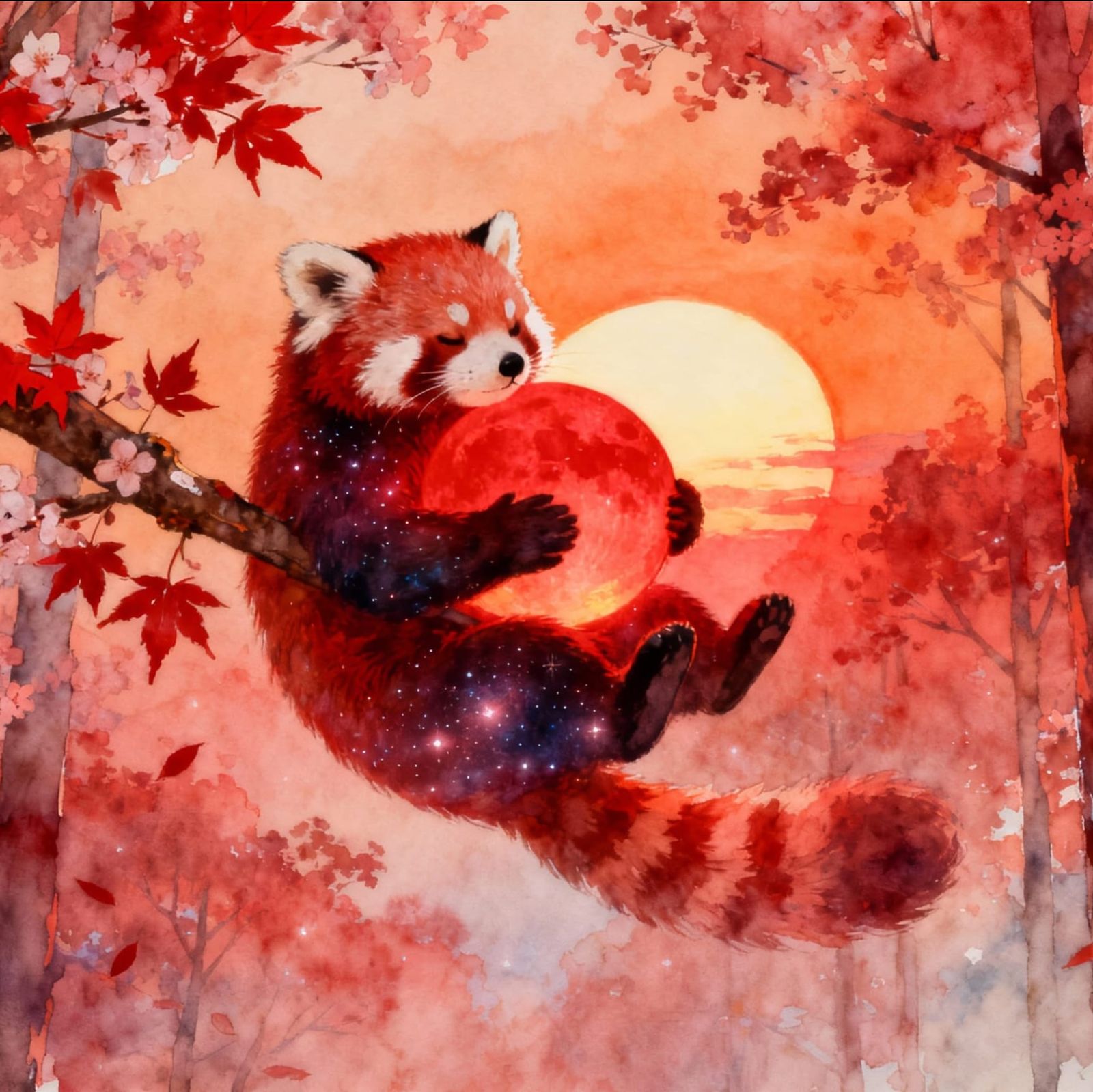 Cosmic Red Panda Hugs Sunset Sun Beside Red Sakura Forest