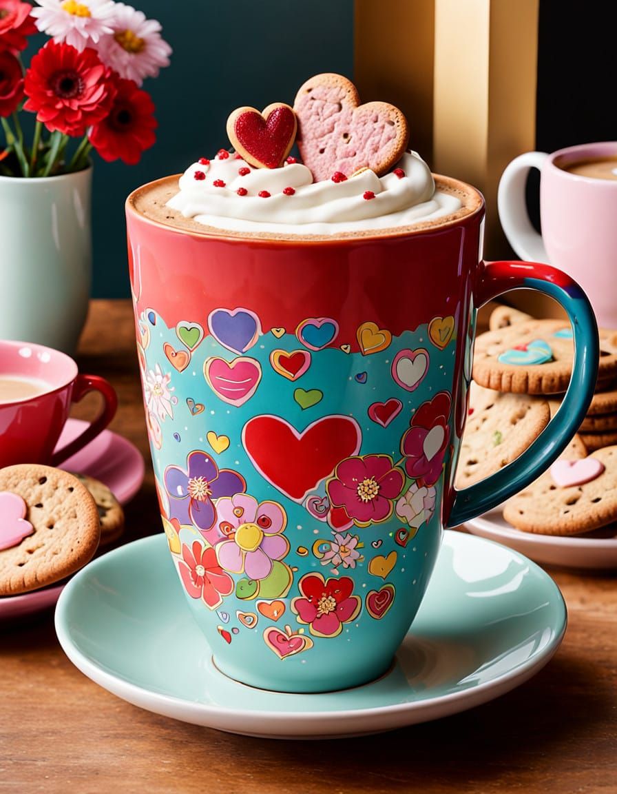 Vibrant Valentine's Ceramic Latte Cup Amidst Whimsical Bisco...